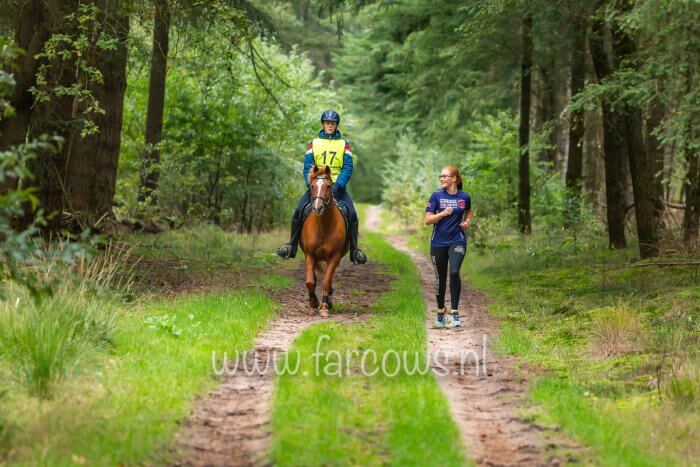 hardloopster kijkt liefdevol haar paard aan die met ruiter naast haar loopt