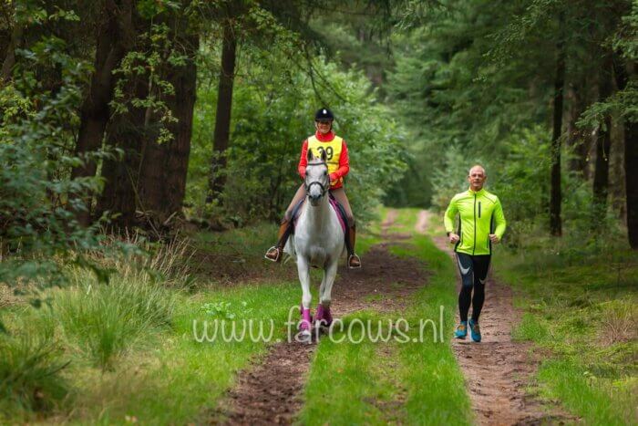 hardloper en amazone op wit paard